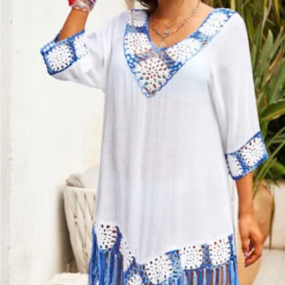 Kendall & Kylie White and Blue Crochet Swim Coverup NWT - Picture 1 of 7